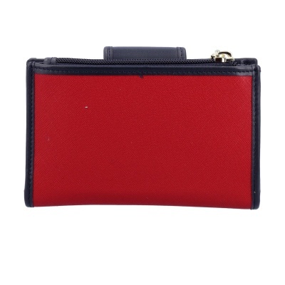 Carteira vermelha com bordas pretas e fecho metálico