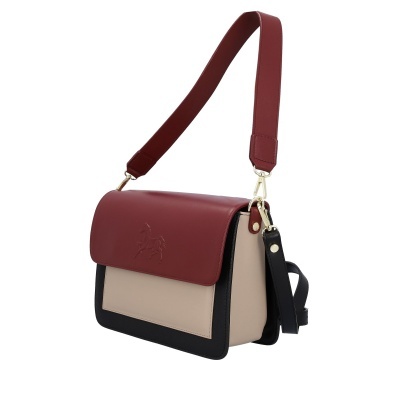 Mala de senhora em pele sintética em bordô, bege e preto com alças