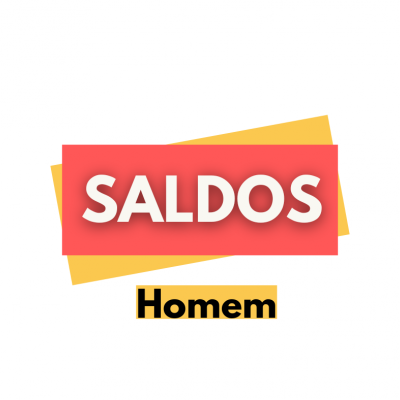 Texto promocional SALDOS em fundo vermelho e amarelo com palavra Homem