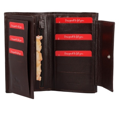 Carteira castanha em pele com cartões vermelhos de marca