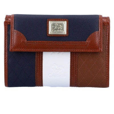 Carteira feminina azul, branco e castanho com detalhes em pele e placa metálica Cavalinho