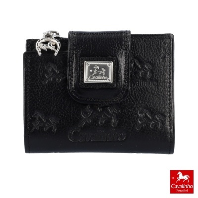 Carteira preta em pele com textura de cavalos e fecho aba com placa metálica Cavalinho