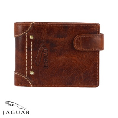 Carteira masculina em pele castanha com fecho e logo Jaguar