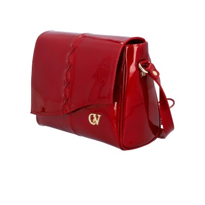 Mala feminina vermelha em verniz com alça e logotipo dourado