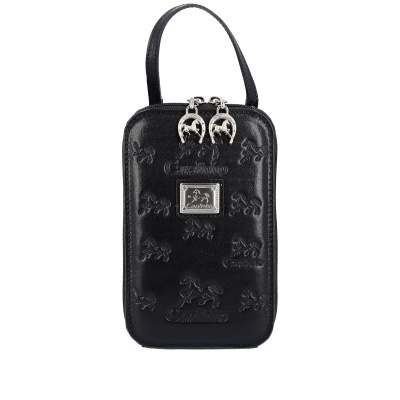 Bolsa preta pequena com padrão de cavalos e texto Cavalinho