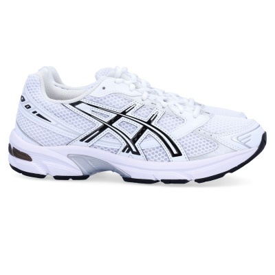 Ténis de corrida Asics Gel branco e preto com malha e sola detalhada