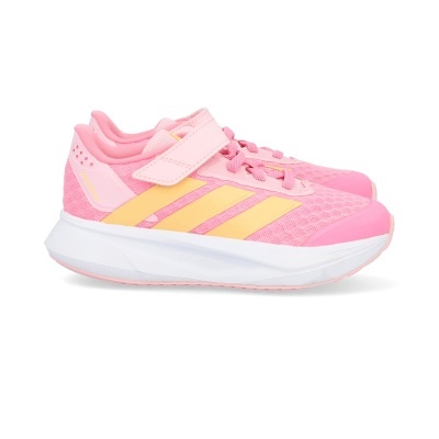 Ténis desportivos rosa com riscas amarelas e sola branca