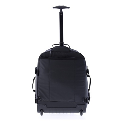 Mala de viagem preta com rodas e pega extensível vista de costas