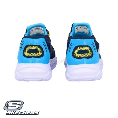 Ténis Skechers azuis com detalhes amarelos e sola branca vistos de trás.