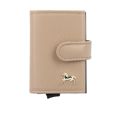 Carteira castanha em pele com fecho de aba e cavalo dourado