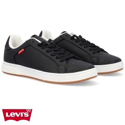 Sapatilhas pretas Levi's com sola branca e etiqueta vermelha