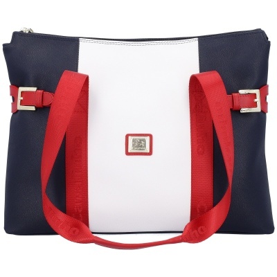 Mala saco azul escuro e branco com alças vermelhas e detalhes metálicos