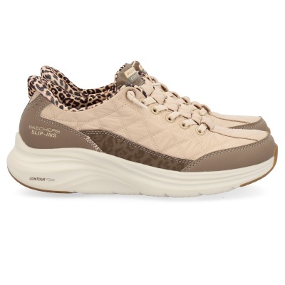Ténis Skechers Slip-Ins bege e castanho com padrão animal print e sola branca