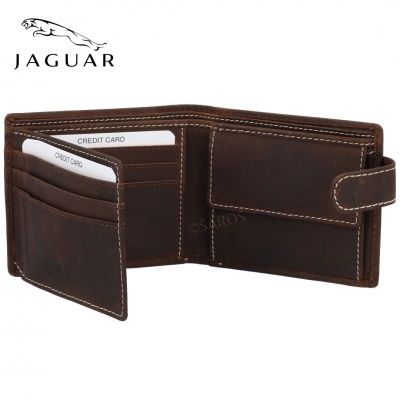 Carteira Jaguar castanha de pele aberta com compartimentos para cartões e moeda