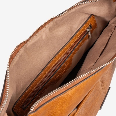 Interior de saco ou mala castanha com tecido bege e fecho de correr