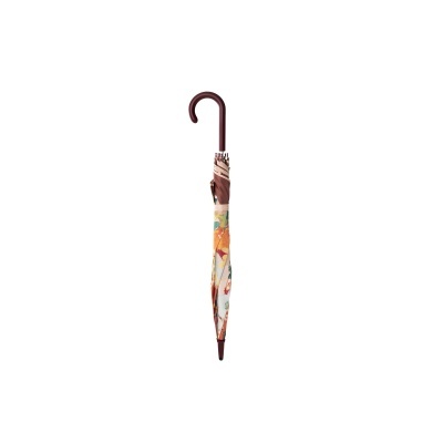 Guarda-chuva fechado com padrão floral colorido e cabo curvo castanho