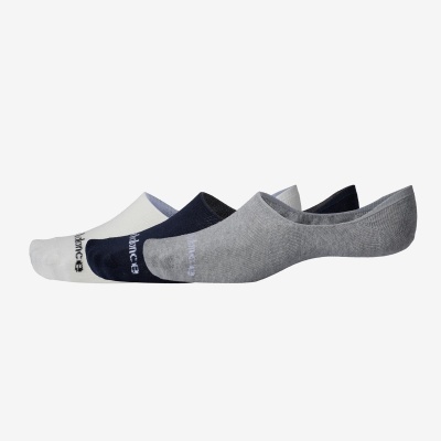 Três pares de meias muito baixas em branco, azul marinho e cinza com bordado balance.