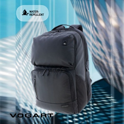 Mochila preta Vogart resistente à água em fundo azul com padrões de luz