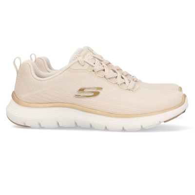 Ténis beiges Skechers com detalhes dourados e sola branca