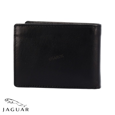 Carteira preta de couro com marca Jaguar e nome SAROS