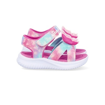 Sandálias infantis Skechers multicoloridas com velcro e solado branco