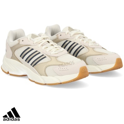 Sapatilhas Adidas bege e branco com riscas pretas e sola castanha