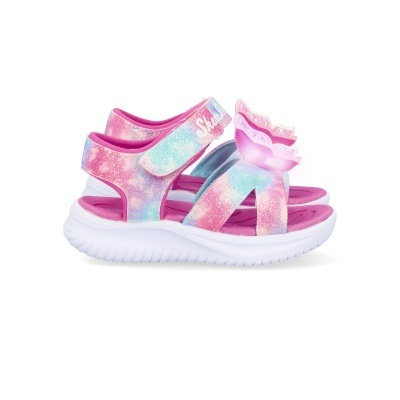 Sandálias infantis Skechers multicoloridas com velcro e laço brilhante.