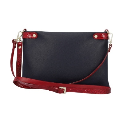 Mala carteira azul escuro com alça e fechos vermelhos texturizados