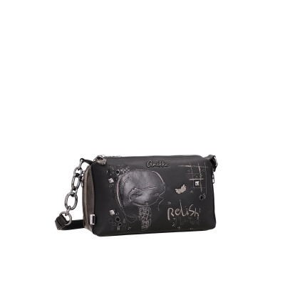 Bolsa de ombro preta com padrão de rosto estilizado e texto Relish Moment