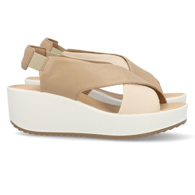 Sandálias de cunha em tons bege e castanho com sola branca alta