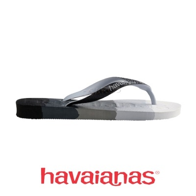 Chinelo Havaianas preto branco com padrão degradê e logótipo vermelho no fundo branco