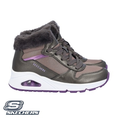 Sapatilhas Skechers castanho com pêlo e sola branca e roxa