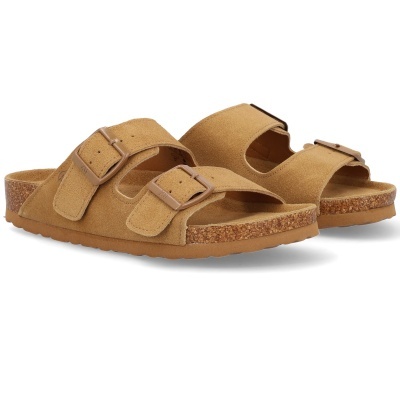 Sandálias castanhas de camurça com fivelas e sola em cortiça e borracha