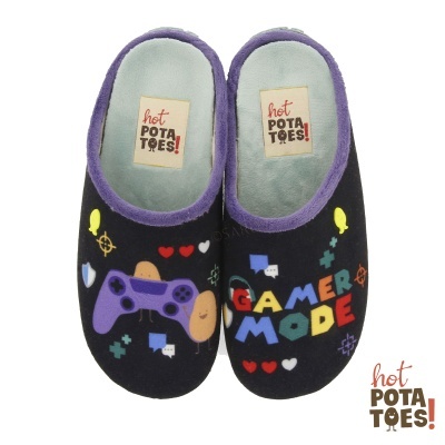 Pantufas Gamer Mode pretas com detalhes coloridos e interior azul