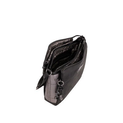 Bolsa feminina com padrão preto e cinza, fechos de correr e forro decorado