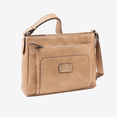Mala bege de couro com fecho de correr e placa metálica MATTIE