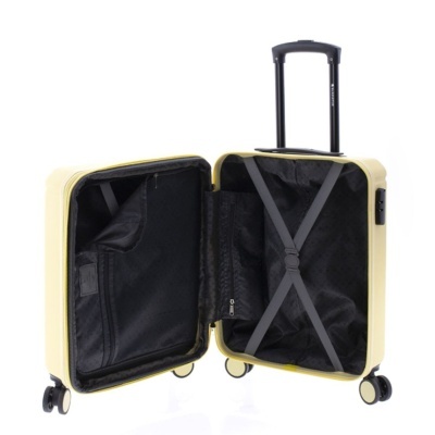 Mala de viagem rígida amarela aberta com interior preto e pega preta