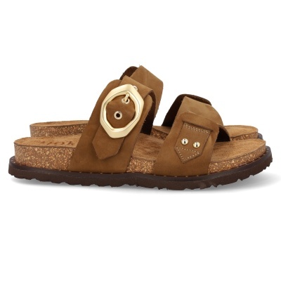 Chinelos castanhos de camurça com fivela dourada e sola preta