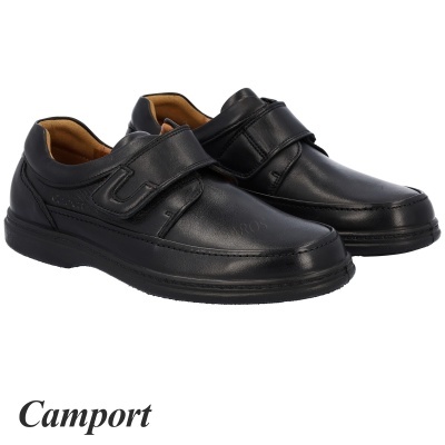 Sapatos pretos de pele com fecho em tiras de velcro e interior castanho