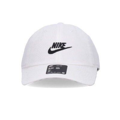 Boné branco Nike em tecido liso com logótipo preto bordado e etiqueta preta no bico.