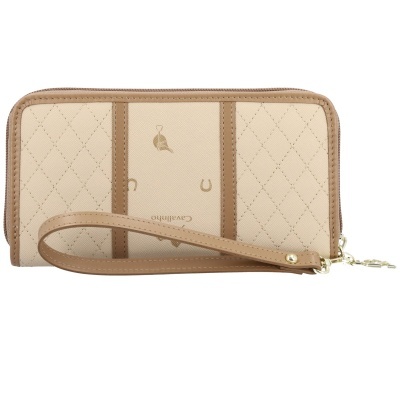 Carteira creme com padrão em losangos e detalhes castanhos com fecho e alça de pulso