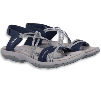 Sandálias femea azul escuro e cinzento com tiras cruzadas e sola cinzenta