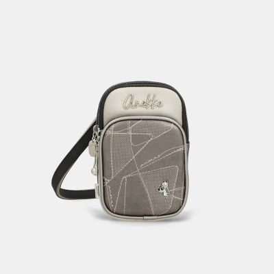 Mala pequena Anekke cinza e bege com padrão abstrato e fecho de correr preto