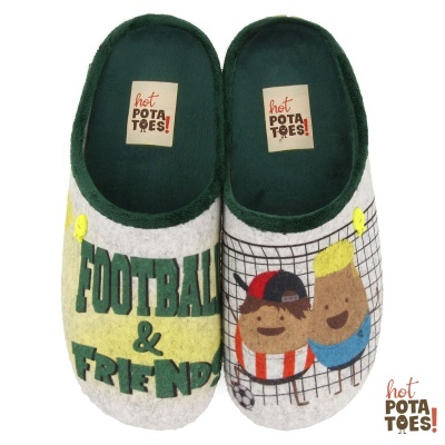 Chinelos de tecido com estampado de futebol e texto FOOTBALL & FRIENDS