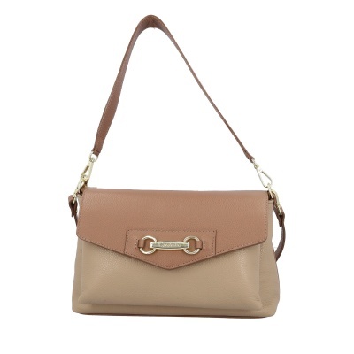 Mala de senhora em pele sintética castanha com alça e fecho dourado Carminho