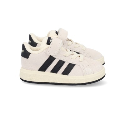sapatilhas infantis Adidas bege com riscas pretas e fecho de velcro