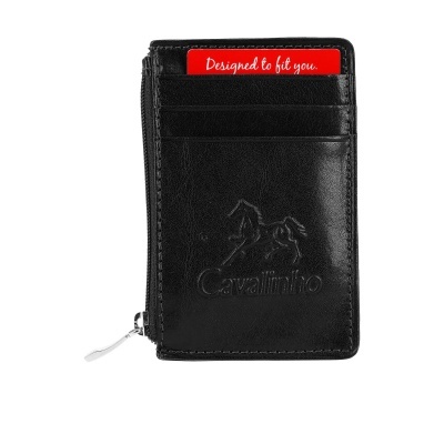 Carteira preta com fecho zip e cartão vermelho com texto branco