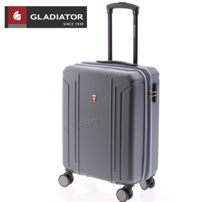 Mala rígida cinza com rodas e carrinho extensível, logo Gladiator
