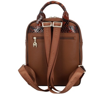 Mochila castanha com detalhes em pele de cobra e alças largas castanhas