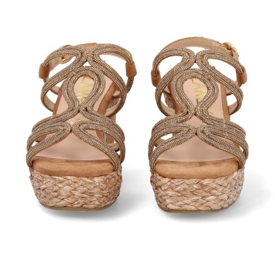 Sandálias de cunha douradas com pedras e sola de corda